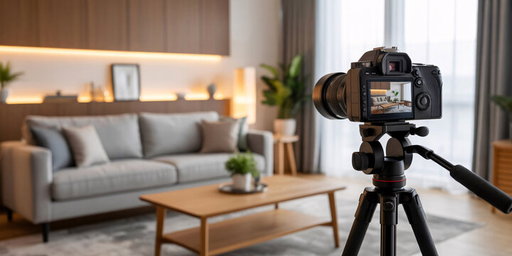 Modern living room interior with a camera on tripod and a minimalist gray sofa