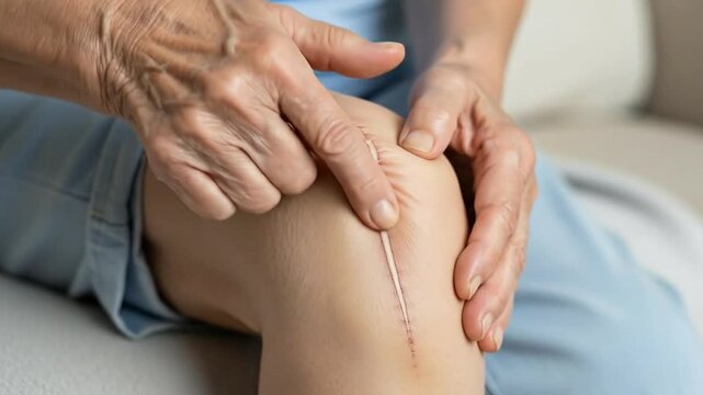 Elderly Person Massaging Knee Replacement Scar