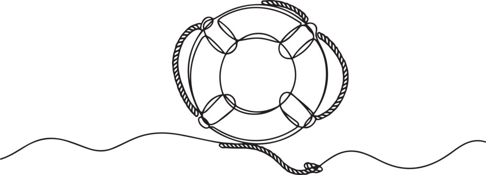 Single continuous line drawing lifebuoys, rescue belts, inflatable rubber ring with rope for help and safety of life drowning. Rescue ring for quick help. one line Icon drawing