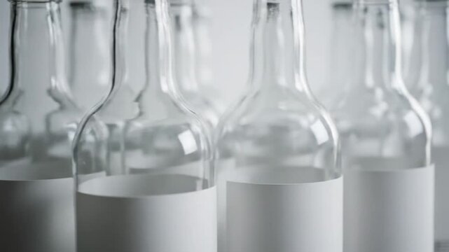 Rows of Clear Glass Bottles with Blank White Labels in Studio Lighting