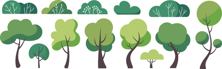 Green tree collection illustration, simple forest elements, nature landscape design, flat vector plants set, eco environment, isolated.