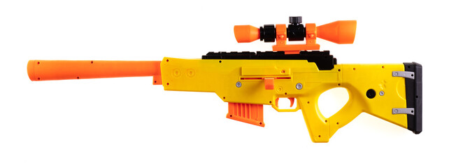 Toy plastic sniper rifle isolated on white background