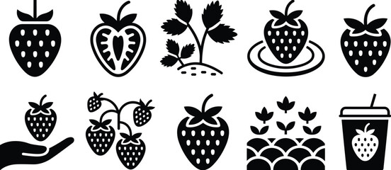 Strawberry icon set, strawberry fruit silhouette, berry farm symbols, plant leaves, strawberry juice cup, hand holding strawberry, vector illustration © Bokul Creatives