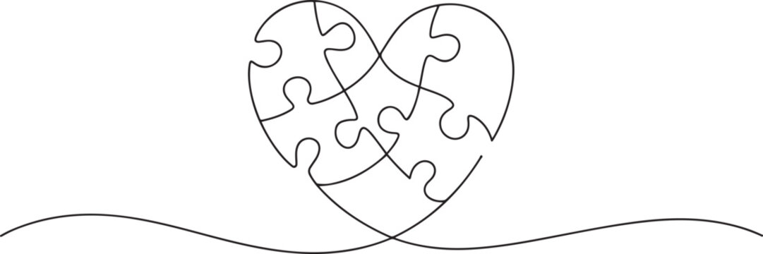 Single continuous line drawing of set puzzle pieces put it together to cute heart shape form symbol. Romantic marriage love concept. one line Icon drawing