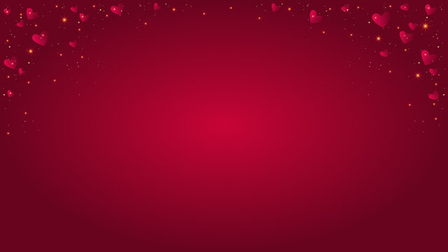 Red Valentine's day background with falling hearts and gold sequins