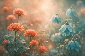 Dreamy Garden Flowers in Terracotta and Teal Tones for Artistic Editorial and Design Backgrounds