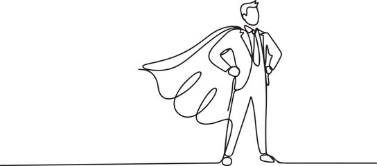 Single one line drawing businessman wearing superhero cloak. Full length of businessman dressed as superhero. Successful businessman superhero in cloak. one line Icon drawing © Mofazzelh