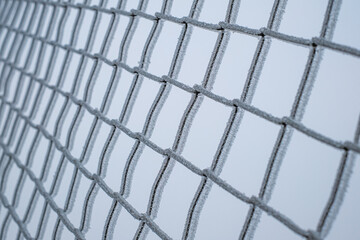 a chain-link fence covered in ice crystals on a cold winter day