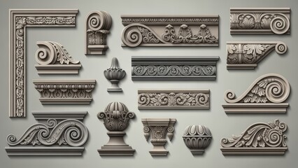 Classical architectural decorative elements set with ornate scroll designs and floral relief carving