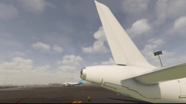 Closeup of commercial aircraft tail section showing Auxiliary Power Unit (APU) exhaust at airport gate