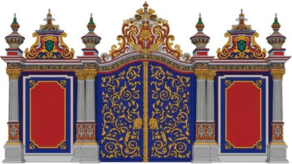 Royal palace gate design with vibrant blue and red panels featuring golden floral scroll ornaments