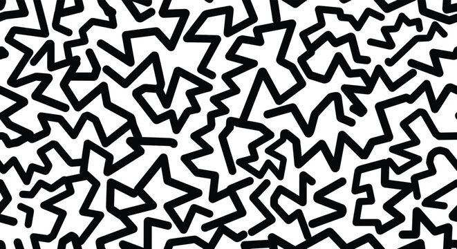 Chaotic seamless pattern featuring thick black zig-zag and angular lines on a plain white background for modern art.