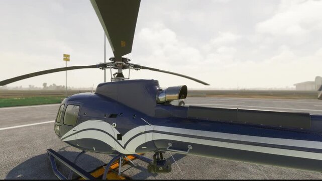 Detailed close-up of a modern blue helicopter's main rotor assembly, ready for take-off on an open airfield