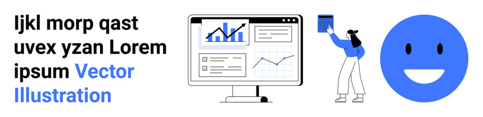 Fototapeta premium Business analytics, teamwork, technology, statistics, visual data, feedback. Computer screen with charts, person holding a document smiling face. Business analytics and teamwork concept