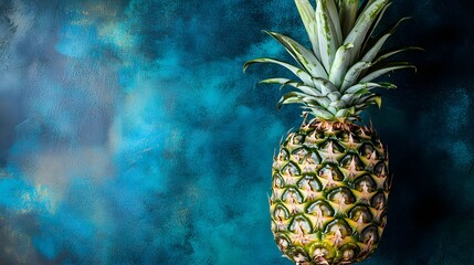 Whole pineapple with green leaves on textured blue background