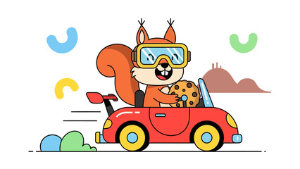 Happy Squirrel Driving A Red Car Holding Cookie Illustration Isolated On White
