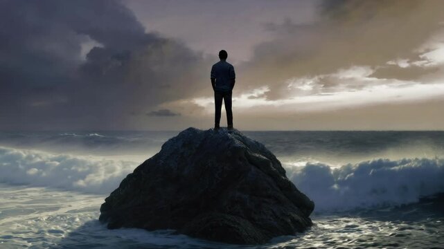 A man standing on a rock in the ocean