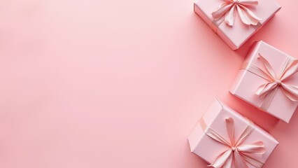 flat lay composition of beautiful gift boxes on pink background with copyspace for text festive minimal scene for celebration and branding concept of retail marketing event planning