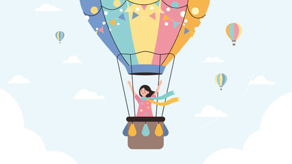 Fototapeta premium Happy Woman Floating In Hot Air Balloon Adventure Cartoon Illustration