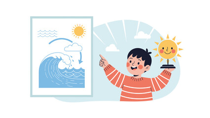 Illustration Of A Boy Learning About Water Cycle With Sun And Clouds