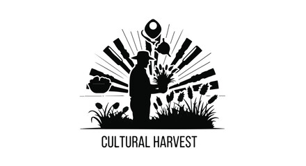 Silhouette of a farmer harvesting crops under a radiant sun, symbolizing abundance and agricultural heritage.