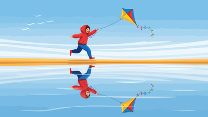Fototapeta premium Joyful Child Flying A Kite Near The Water On A Bright Sunny Day