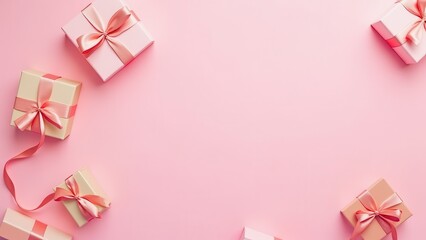 flat lay composition of beautiful gift boxes on pink background with copyspace for text festive minimal scene for celebration and branding concept of retail marketing event planning