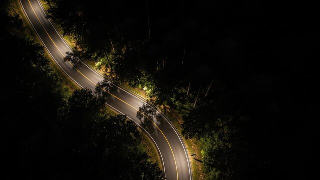 Cars drive on a winding forest road at night, illuminated by headlights and sporadic lights.