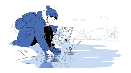 Lost Hiker Contemplates Map at Lakeside While Uncertain About the Route