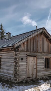 Vertical video: Drifting chimney smoke revealing light breeze over wooden cabin with snowy roof
