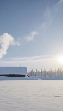 Vertical video: Emitting chimney smoke from heating small snowy building sending plume to low sun