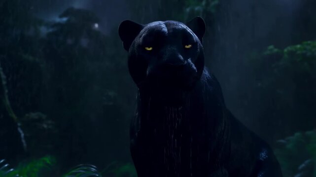 Dramatic night scene of a black panther on a moss-covered rock in a rainy tropical jungle with glowing yellow eyes