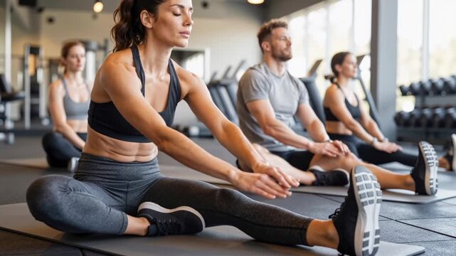 focused woman stretching on a mat during a group fitness workout class inside a modern gym promoting health and flexibility