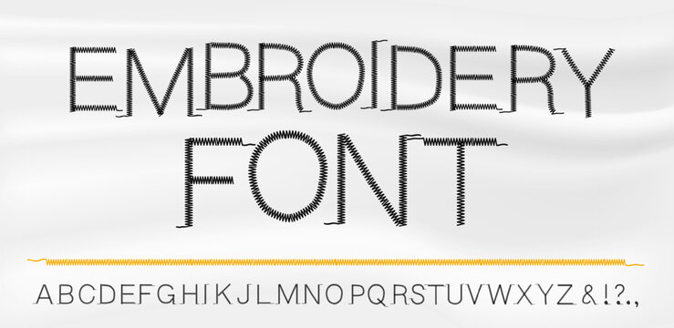 Embroidery alphabet. Zigzag font stitched with thread, embroidery font alphabet letters. Font letters stitched with hand drawn thread. Vector illustration