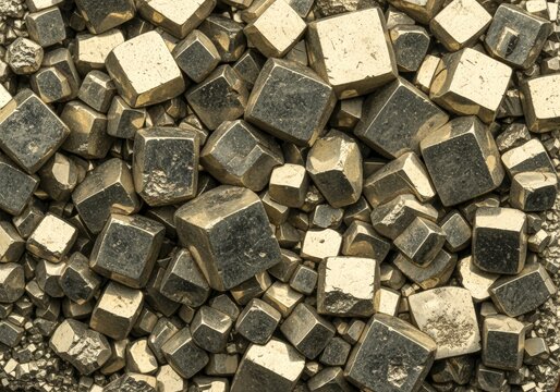 Close-up view of a pile of metallic pyrite cubes with a golden sheen