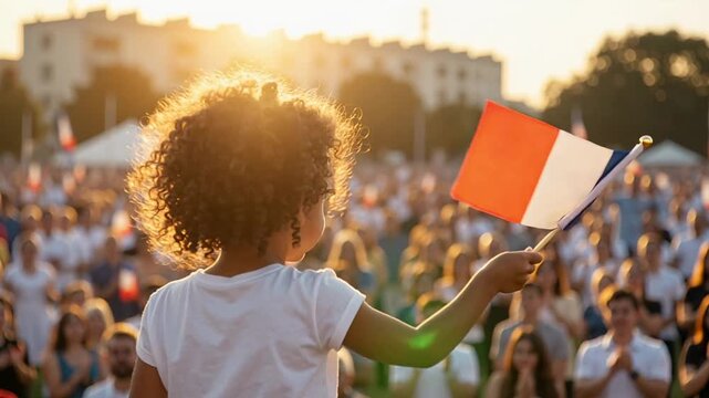 young child waving a french flag during a large public gathering at sunset, symbolizing unity, celebration, and national pride