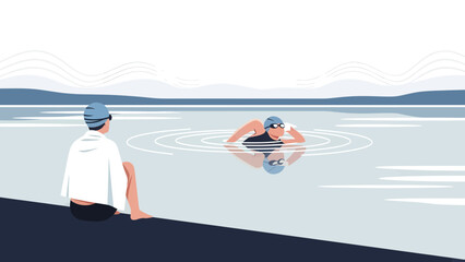 Leisurely Lake Swim With Friend Observing On A Relaxing Summer Afternoon