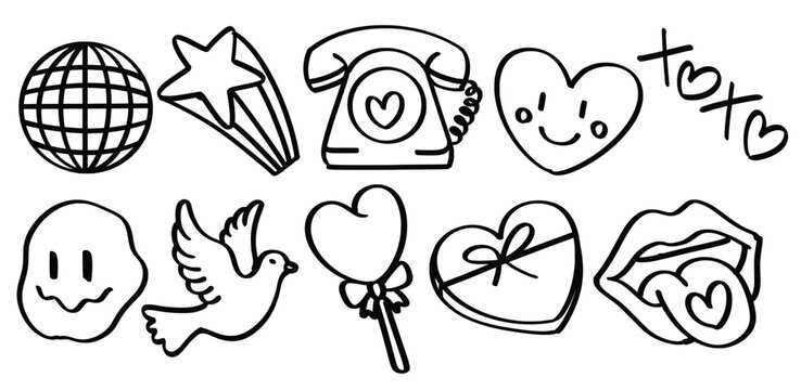 Set of hand drawn Hippie Love Valentine Spirit theme Isolated Vector