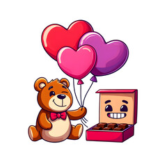 Obraz premium Teddy bear with heart balloons and gift box isolated on transparent background