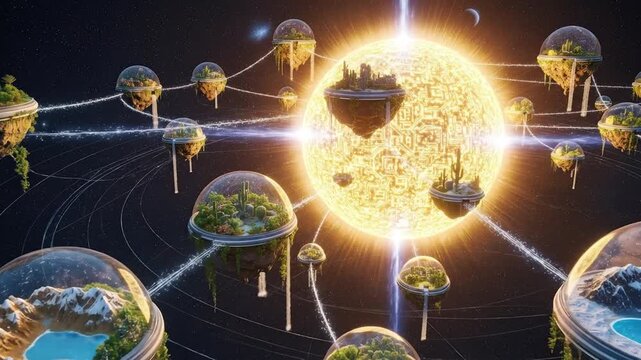Floating biodomes orbit a radiant sun in space