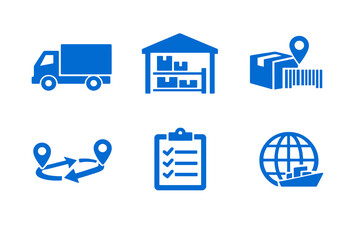 Logistics icon set with delivery, inventory and shipment tracking. Monocromatic flat vector icons for logistics apps, UI dashboards and supply chain platforms.