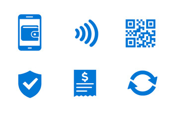 Digital wallet icons set featuring contactless payments and billing tools. Clean monocromatic vector symbols for apps, websites and fintech interfaces.