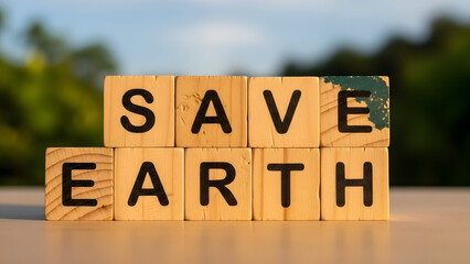 Wooden blocks spelling “SAVE EARTH”, eco awareness concept,