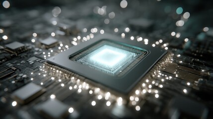 High-tech processor chip with glowing internal circuitry; a close-up view of intricate electrical components and luminous light-emitting pathways.