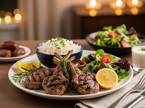Grilled lamb chops served with rice and mixed greens salad on a wooden table in a warm dining environment