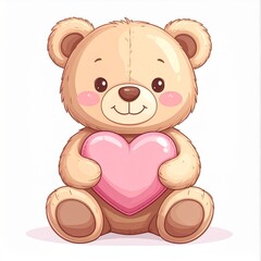 Fototapeta premium Cartoon Teddy Bear Sitting and Holding a Pink Heart on White Background