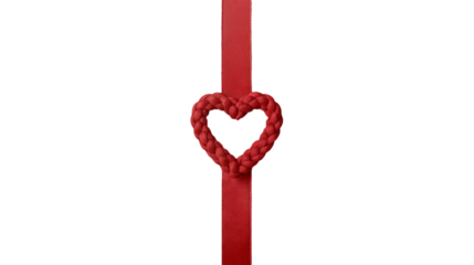 Red Braided Ribbon Heart on Vertical Satin Band, Isolated Subject with Transparency