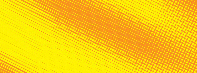 Yellow halftone pattern. Retro comic gradient background. Bright orange pixelated dotted texture overlay. Cartoon pop art faded gradient pattern. Vector backdrop for poster, banner, advertisement
