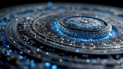 A complex, intricate circular design with concentric rings of metallic components, highlighted with vibrant blue accents.