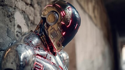 Metallic robot figure with intricate details and vibrant red accents, positioned against a weathered stone wall.